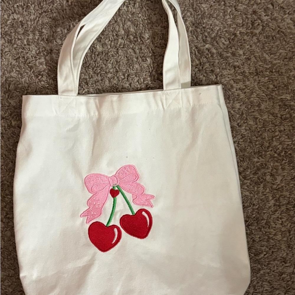 Cherry Embroidered White Tote Bag